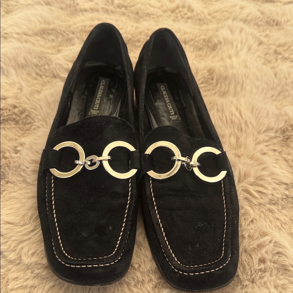 Black Suede Loafers with Gold Hardware